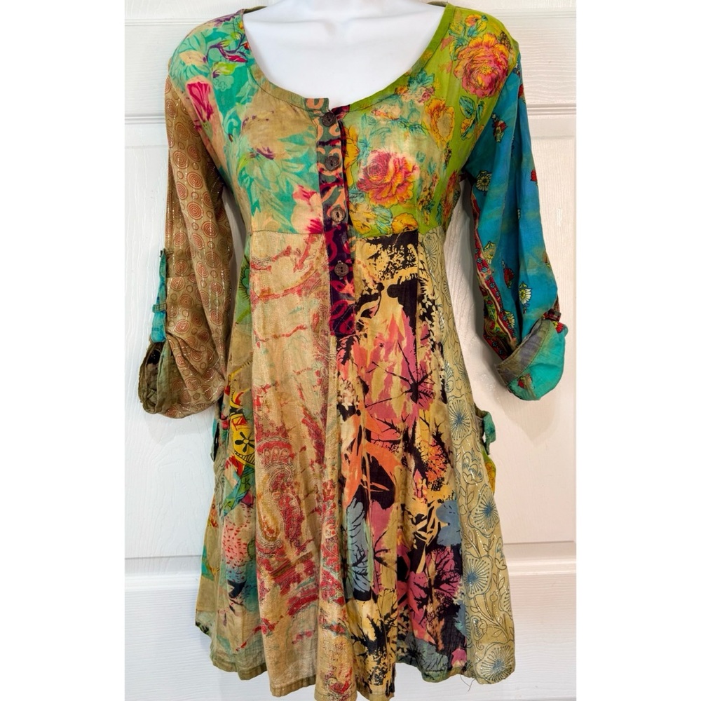 Vintage GRINGO Nepal Bohemian‎ Hippie Patchwork Cotton Gauze Mini Dress Small